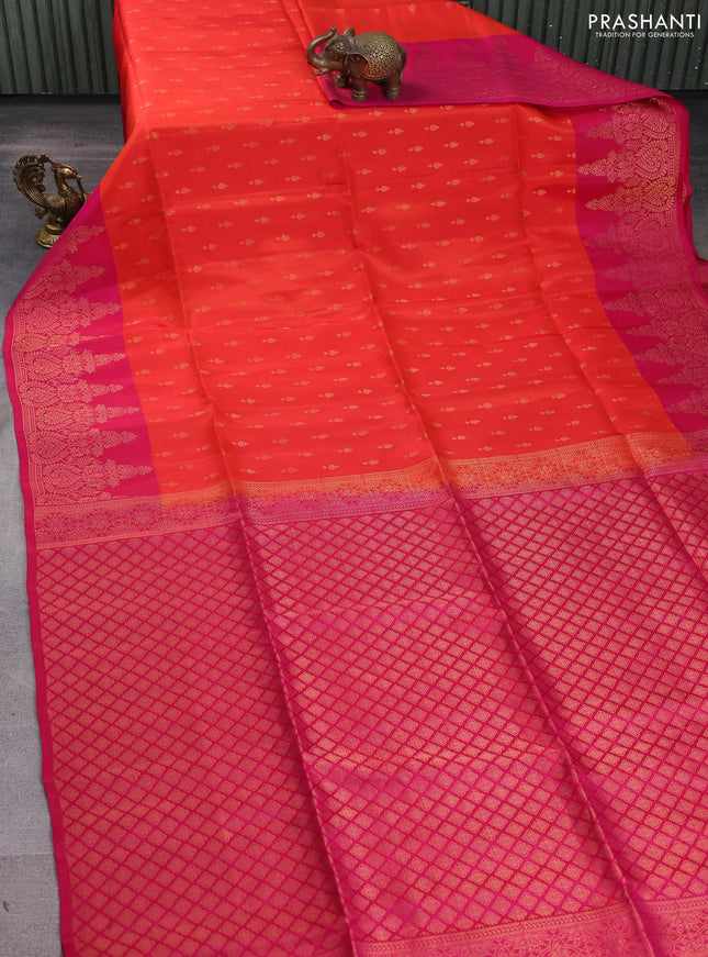 Kanchipuram soft silk saree orange and pink with allover zari woven buttas and long zari woven border