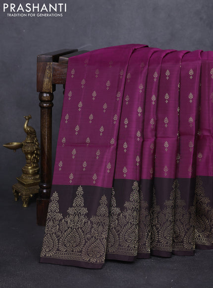 Kanchipuram soft silk saree dark purple and coffee brown with allover zari woven buttas and long zari woven border