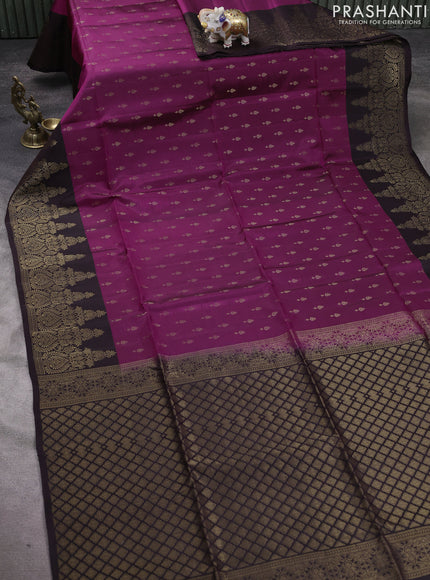 Kanchipuram soft silk saree dark purple and coffee brown with allover zari woven buttas and long zari woven border