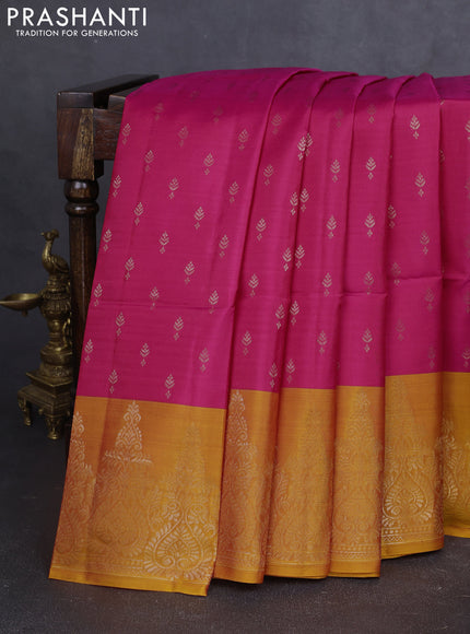 Kanchipuram soft silk saree reddish pink and yellow with allover zari woven buttas and long zari woven border