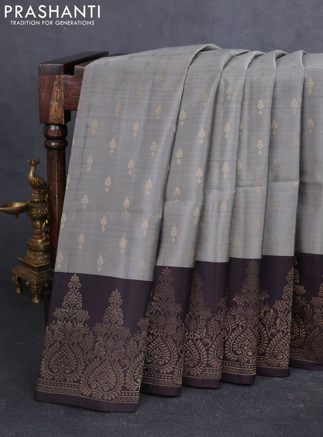 Kanchipuram soft silk saree grey and coffee brown with allover zari woven buttas and long zari woven border