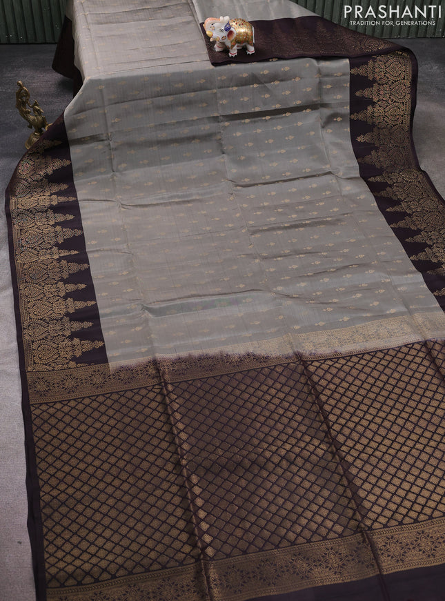 Kanchipuram soft silk saree grey and coffee brown with allover zari woven buttas and long zari woven border