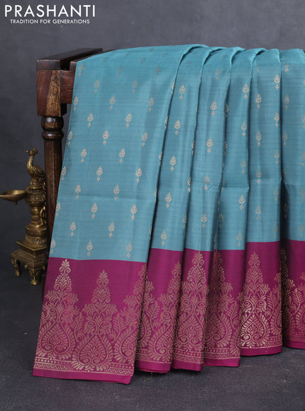 Kanchipuram soft silk saree bluish grey and magenta pink with allover zari woven buttas and zari woven border
