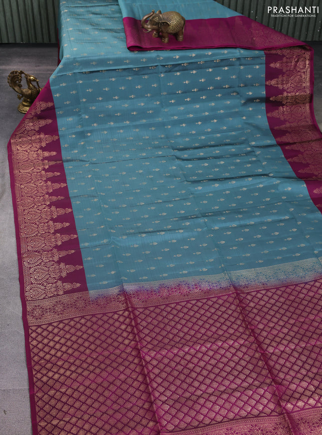Kanchipuram soft silk saree bluish grey and magenta pink with allover zari woven buttas and zari woven border