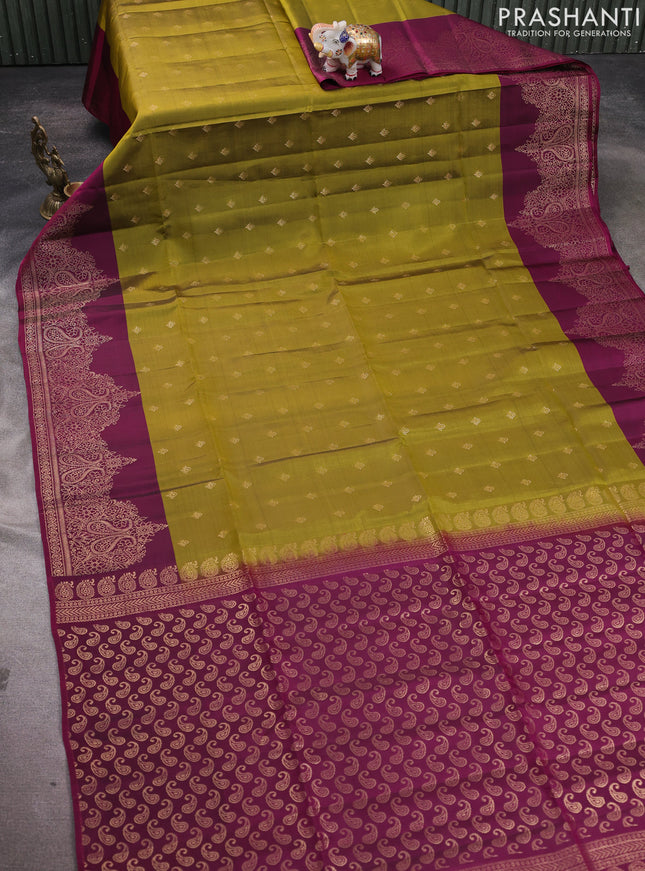 Kanchipuram soft silk saree mehendi green and magenta pink with allover zari woven buttas and long zari woven border
