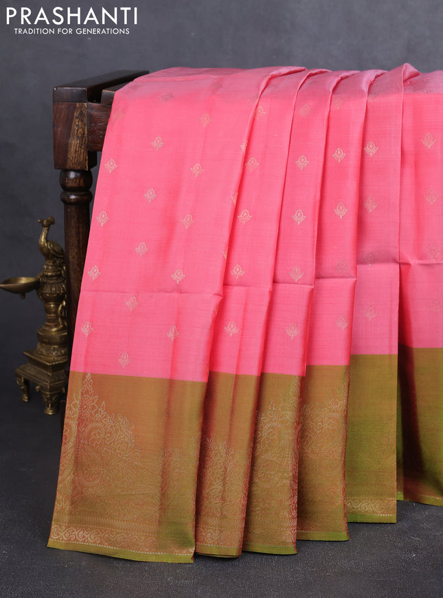 Kanchipuram soft silk saree peach pink and light green with allover zari woven buttas and zari woven border