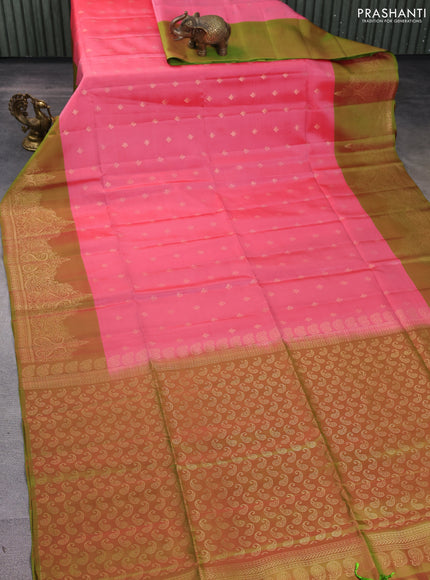 Kanchipuram soft silk saree peach pink and light green with allover zari woven buttas and zari woven border