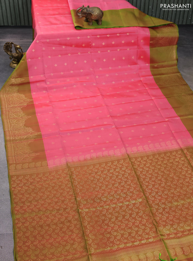 Kanchipuram soft silk saree peach pink and light green with allover zari woven buttas and zari woven border