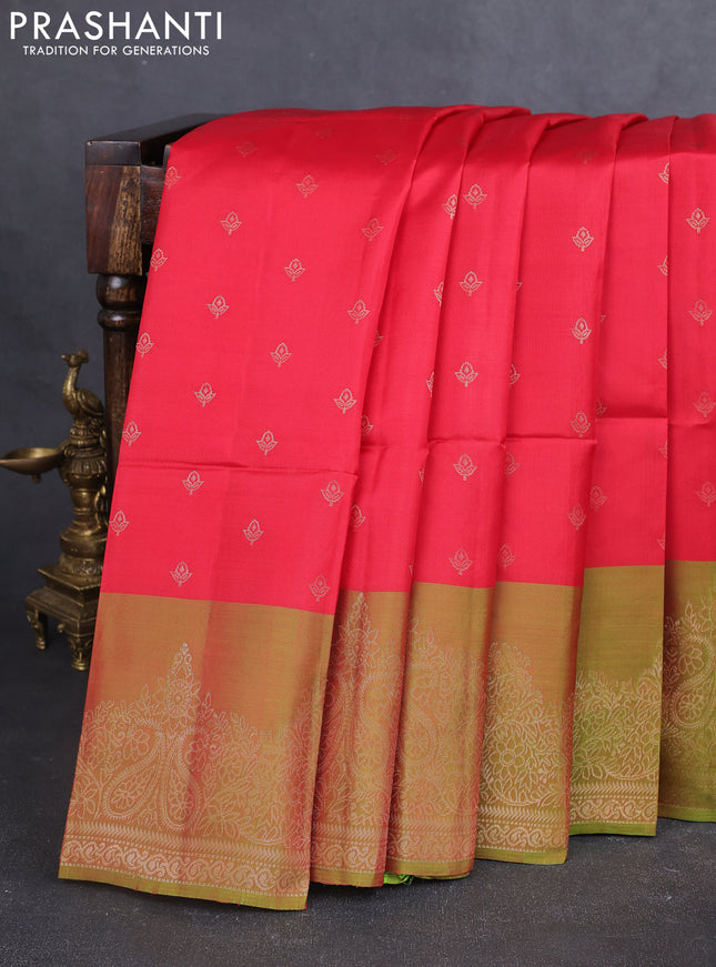 Kanchipuram soft silk saree red and light green with allover zari woven buttas and zari woven border