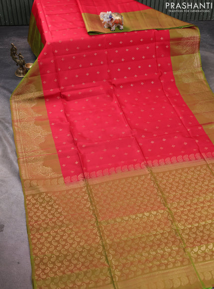 Kanchipuram soft silk saree red and light green with allover zari woven buttas and zari woven border