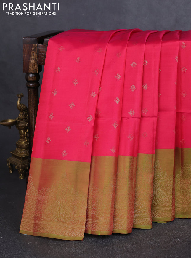 Kanchipuram soft silk saree reddish pink and light green with allover zari woven buttas and zari woven border