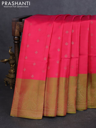 Kanchipuram soft silk saree reddish pink and light green with allover zari woven buttas and zari woven border