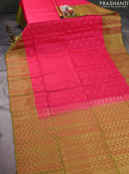 Kanchipuram soft silk saree reddish pink and light green with allover zari woven buttas and zari woven border