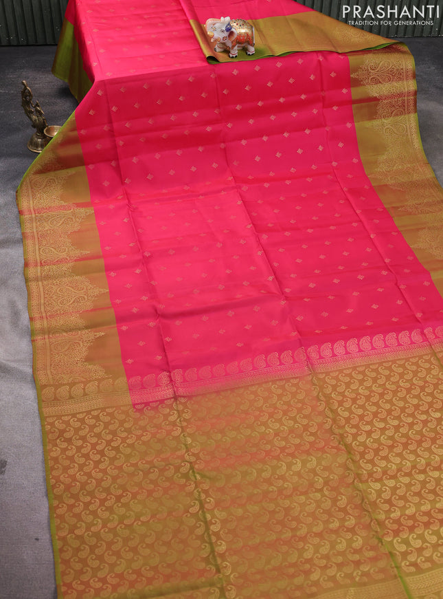 Kanchipuram soft silk saree reddish pink and light green with allover zari woven buttas and zari woven border