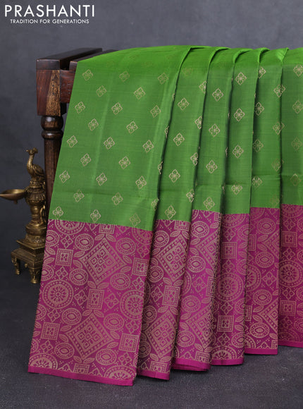 Kanchipuram soft silk saree light green and magenta pink with allover zari woven buttas and zari woven border