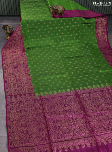 Kanchipuram soft silk saree light green and magenta pink with allover zari woven buttas and zari woven border