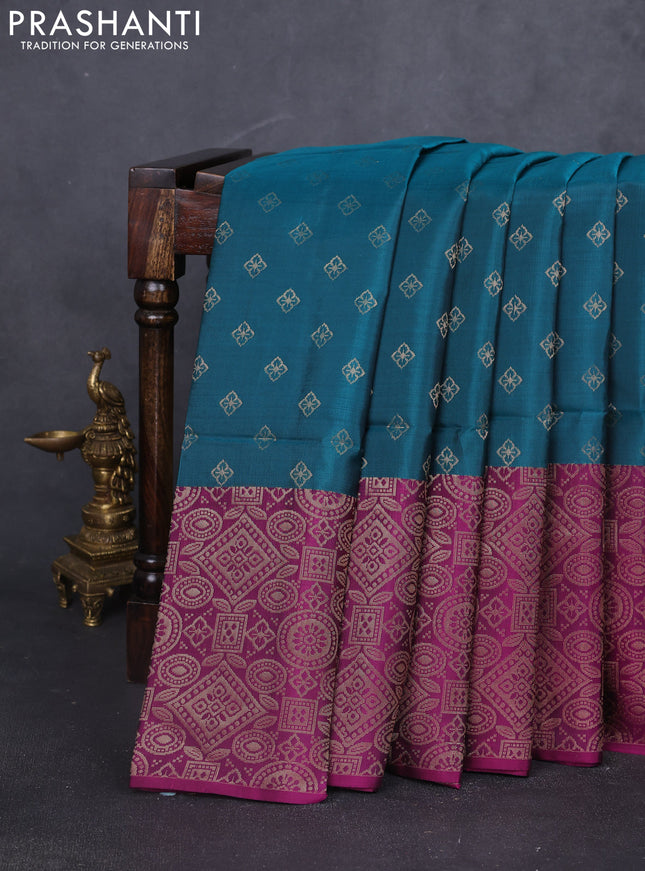 Kanchipuram soft silk saree peacock green and magenta pink with allover zari woven buttas and long zari woven border