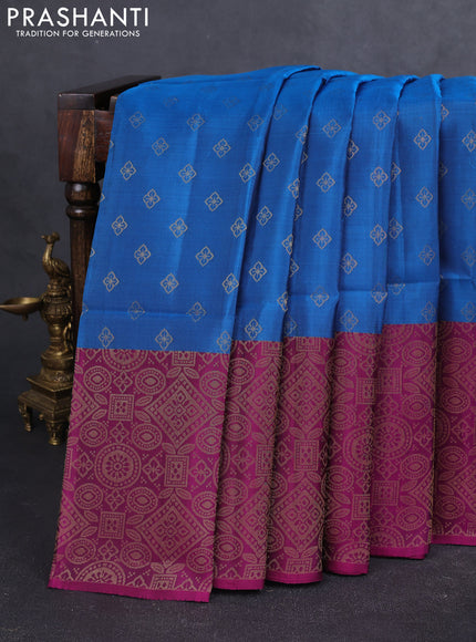Kanchipuram soft silk saree peacock blue and magenta pink with allover zari woven buttas and long zari woven border