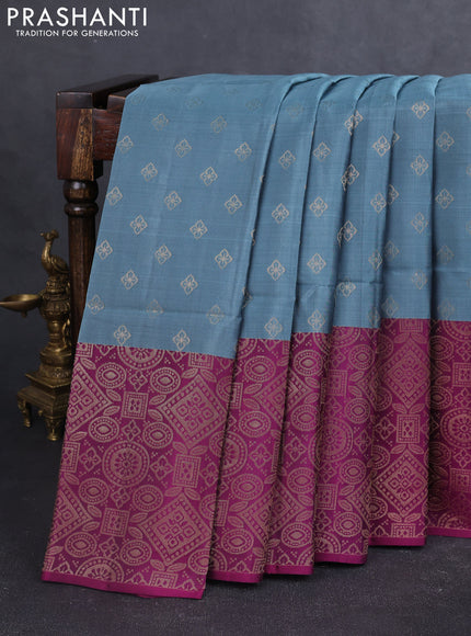 Kanchipuram soft silk saree grey and magenta pink with allover zari woven buttas and long zari woven border