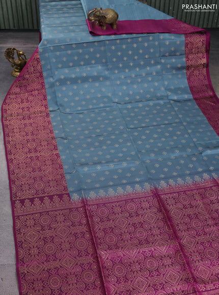 Kanchipuram soft silk saree grey and magenta pink with allover zari woven buttas and long zari woven border