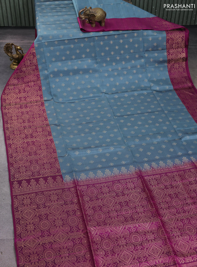 Kanchipuram soft silk saree grey and magenta pink with allover zari woven buttas and long zari woven border