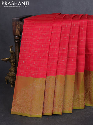 Kanchipuram soft silk saree red and light green with allover zari checks & buttas and long zari woven border