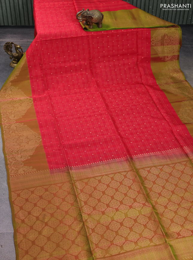 Kanchipuram soft silk saree red and light green with allover zari checks & buttas and long zari woven border