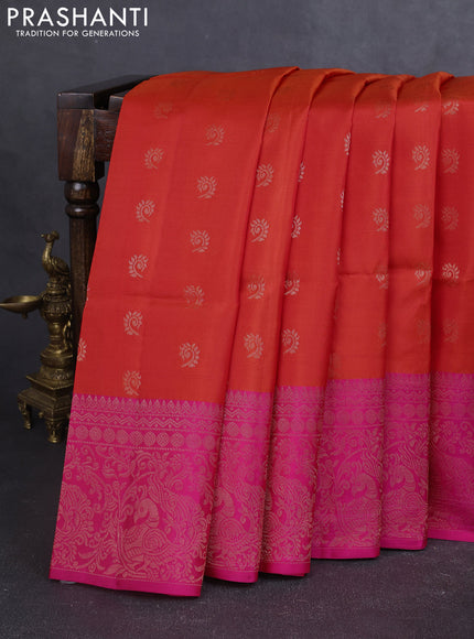 Kanchipuram soft silk saree orange and pink with allover zari woven buttas and long zari woven border