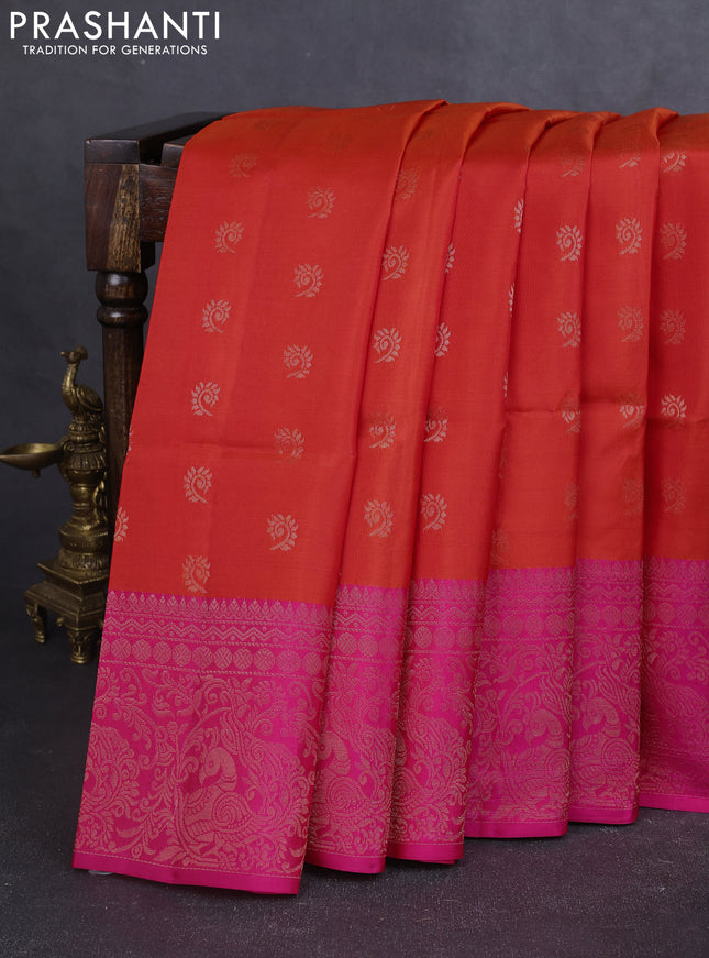 Kanchipuram soft silk saree orange and pink with allover zari woven buttas and long zari woven border