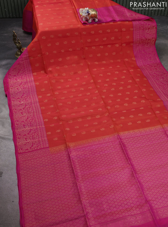 Kanchipuram soft silk saree orange and pink with allover zari woven buttas and long zari woven border