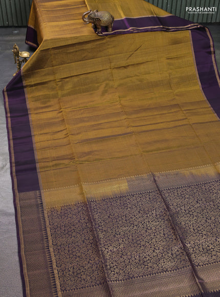 Kanchipuram soft silk saree mehendi green and purple with allover zari checked pattern and rettapet zari woven border