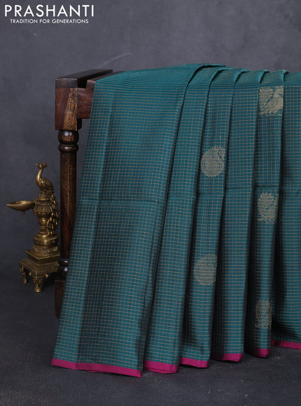 Kanchipuram soft silk saree bottle green and magenta pink with allover zari checks & buttas and piping border