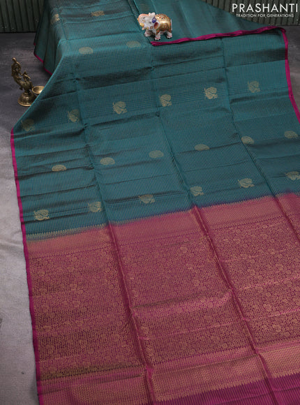 Kanchipuram soft silk saree bottle green and magenta pink with allover zari checks & buttas and piping border