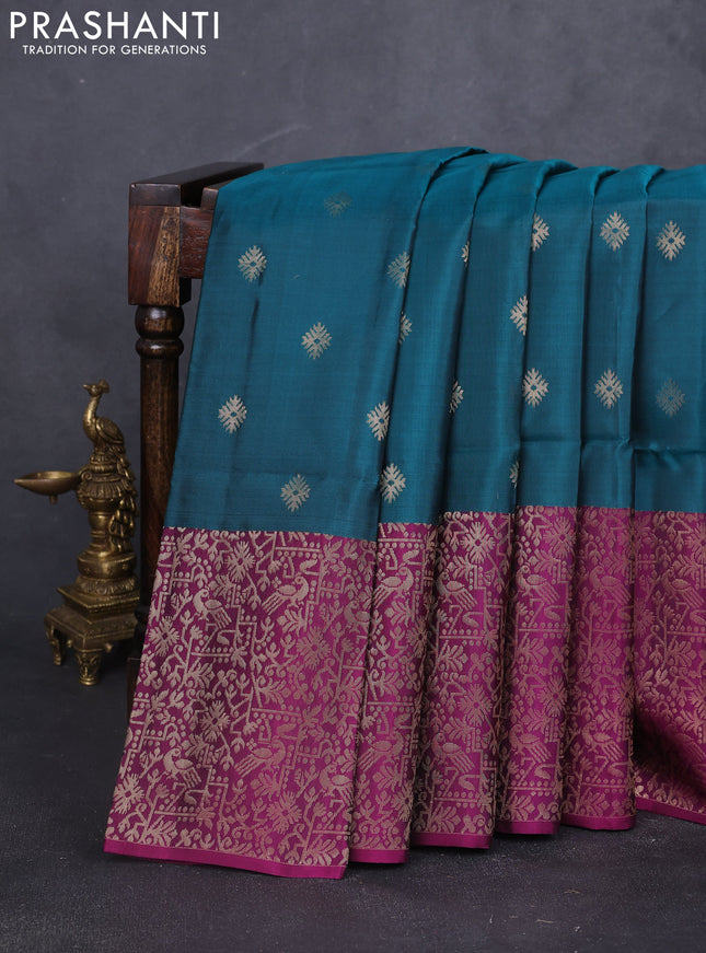 Kanchipuram soft silk saree peacock green and pink with allover zari woven buttas and long zari woven border