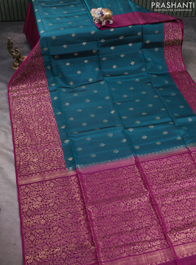 Kanchipuram soft silk saree peacock green and pink with allover zari woven buttas and long zari woven border