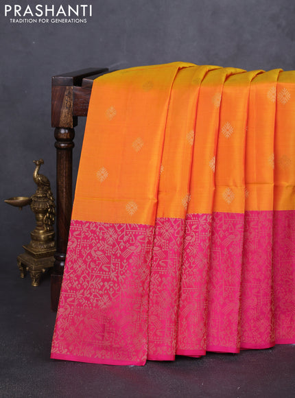 Kanchipuram soft silk saree orange and dark pink with allover zari woven buttas and long zari woven border