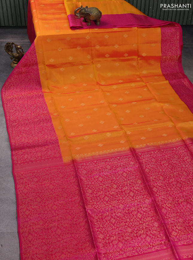 Kanchipuram soft silk saree orange and dark pink with allover zari woven buttas and long zari woven border