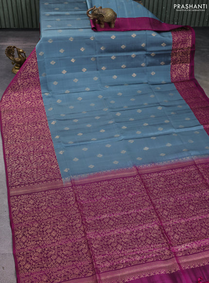 Kanchipuram soft silk saree grey and magenta pink with allover zari woven buttas and zari woven border