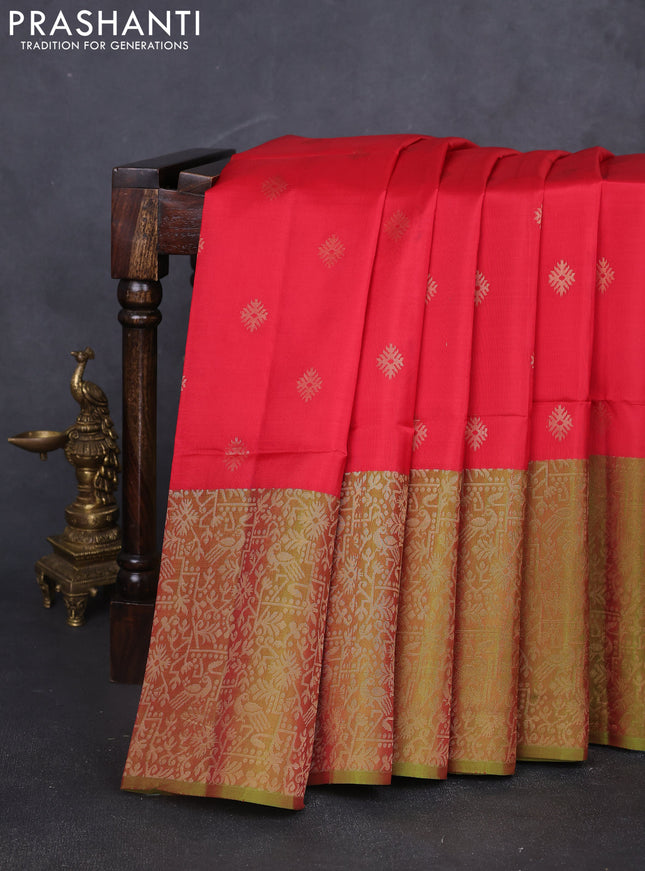 Kanchipuram soft silk saree red and light green with allover zari woven buttas and zari woven border
