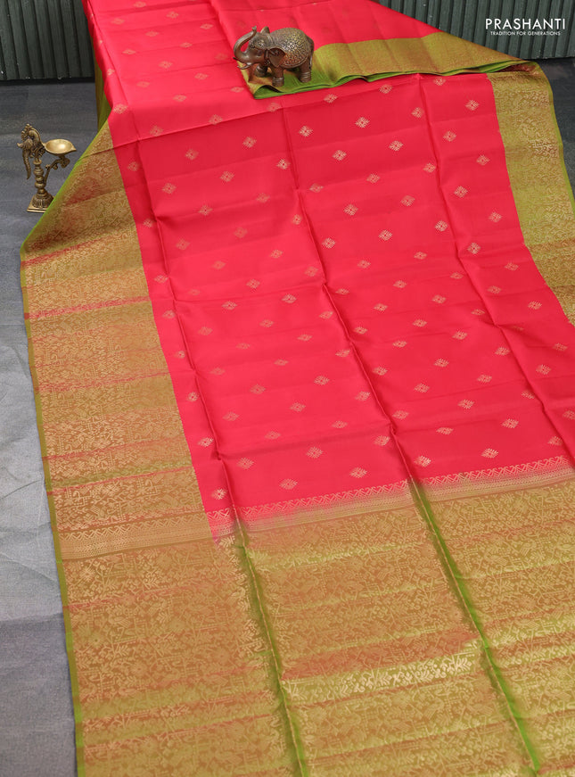 Kanchipuram soft silk saree red and light green with allover zari woven buttas and zari woven border