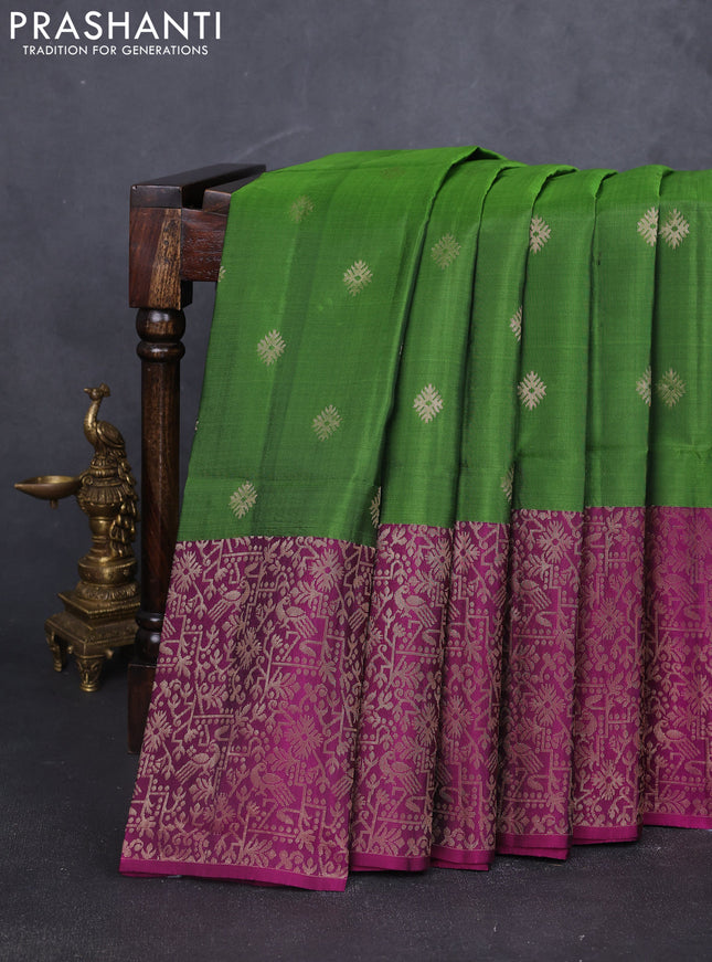 Kanchipuram soft silk saree green and magenta pink with allover zari woven buttas and long zari woven border