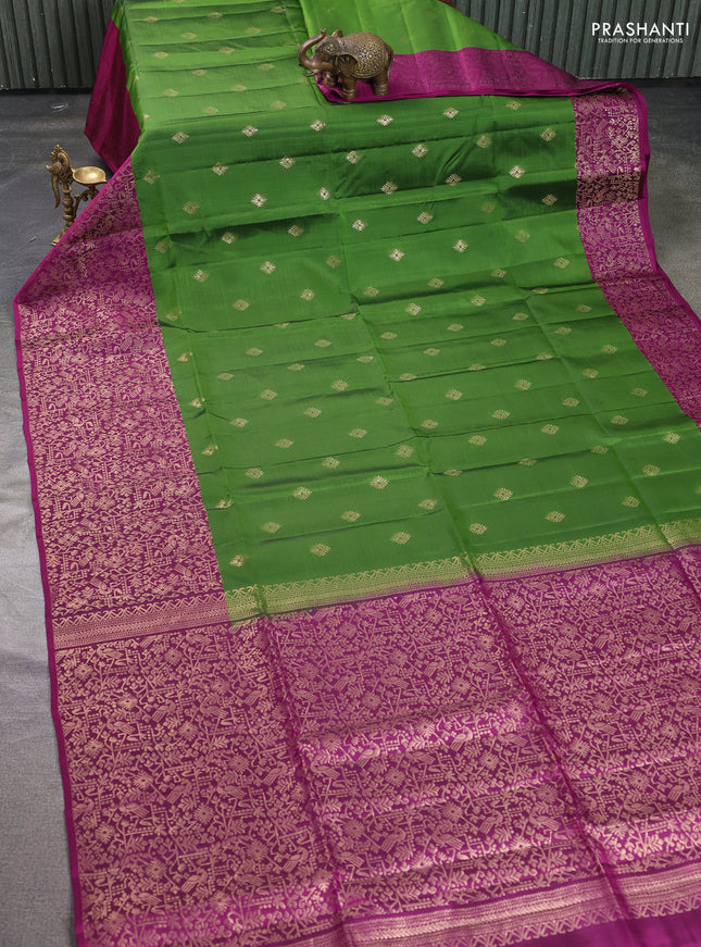 Kanchipuram soft silk saree green and magenta pink with allover zari woven buttas and long zari woven border