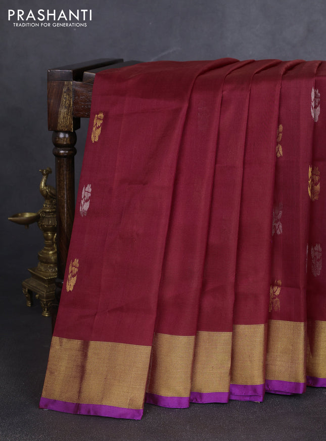 Pure uppada silk saree maroon and blue with silver & gold zari woven buttas and jamdhani design pallu