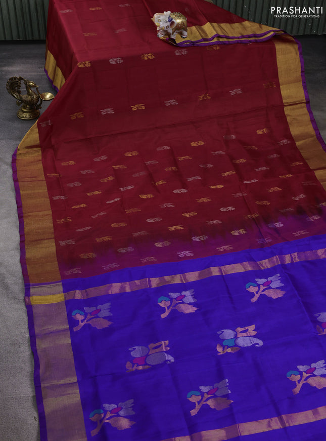 Pure uppada silk saree maroon and blue with silver & gold zari woven buttas and jamdhani design pallu
