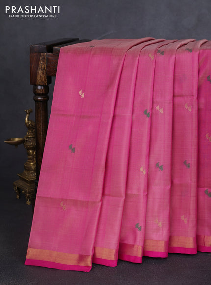 Pure uppada silk saree magenta pink with silver & gold zari woven buttas and jamdhani design pallu