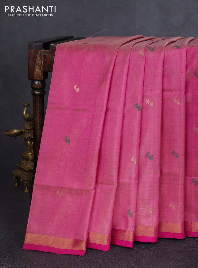 Pure uppada silk saree magenta pink with silver & gold zari woven buttas and jamdhani design pallu