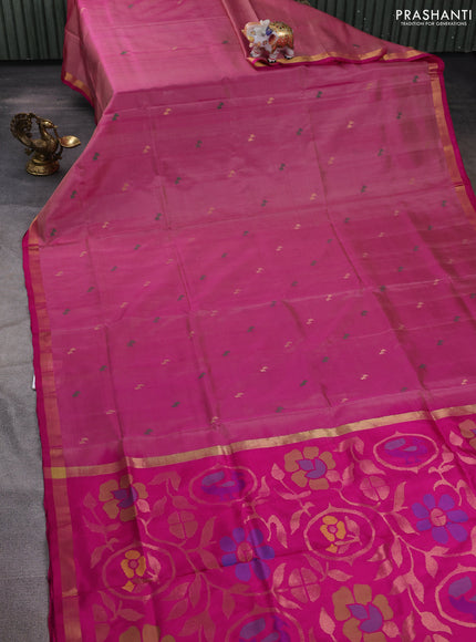 Pure uppada silk saree magenta pink with silver & gold zari woven buttas and jamdhani design pallu