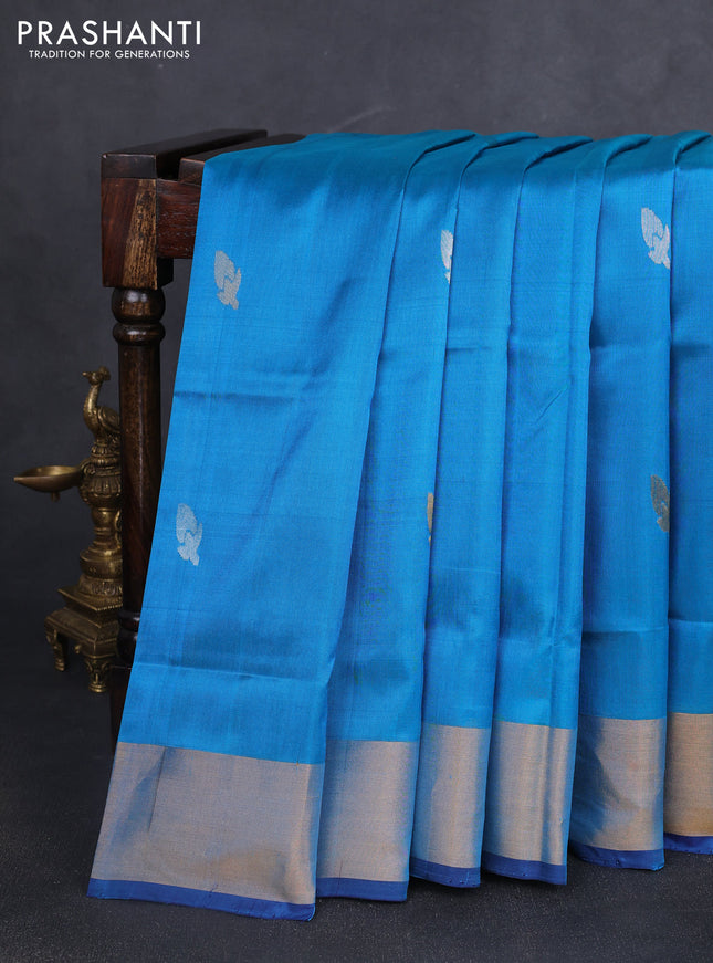 Pure uppada silk saree cs blue and navy blue with silver & gold zari woven thilak buttas and jamdhani design pallu