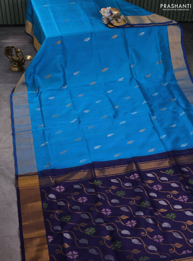 Pure uppada silk saree cs blue and navy blue with silver & gold zari woven thilak buttas and jamdhani design pallu