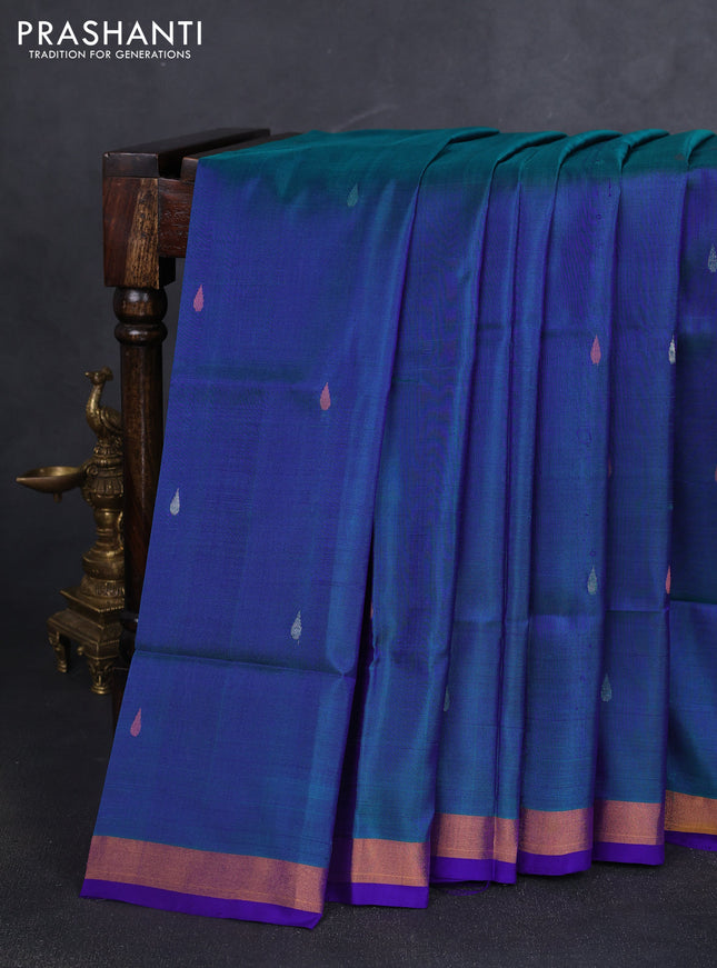Pure uppada silk saree dual shade of greenish violet and violet with silver & gold zari woven thilak buttas and jamdhani design pallu